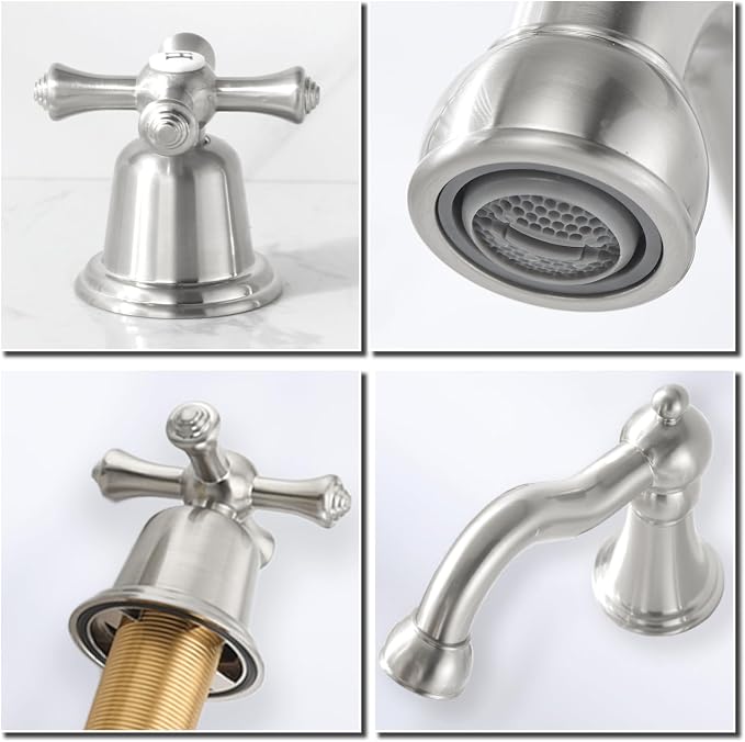 RKF Bathroom Faucets for Sink 3 Hole Brushed Nickel 8 inch Widespread Bathroom Sink Faucet with Drain 2 Handles Cross Knobs Faucet Bathroom Vanity Faucet Basin Mixer Tap CWF033-GBN