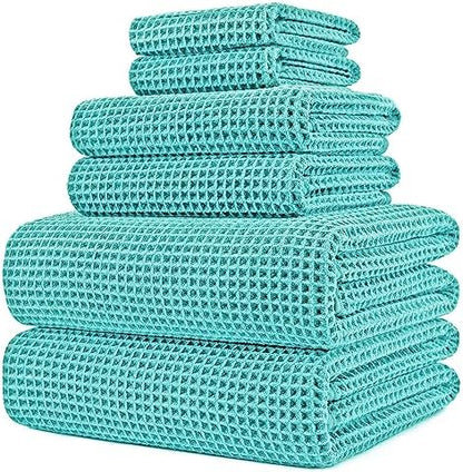 POLYTE 430 GSM Poly Blend Microfiber Quick Dry Waffle Bath Towel Set of 6