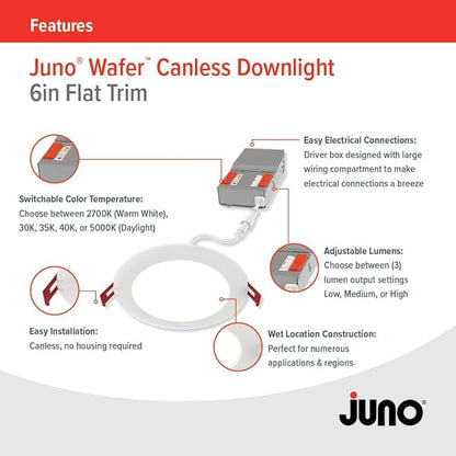 Juno LED Recessed Lights 6 Inch Round Baffle Wafer Downlight, 5-in-1 Switchable White Color Temperature, Adjustable Brightness, 120 Volts, 6-Inch Flat Trim, 6 Pack, Matte White