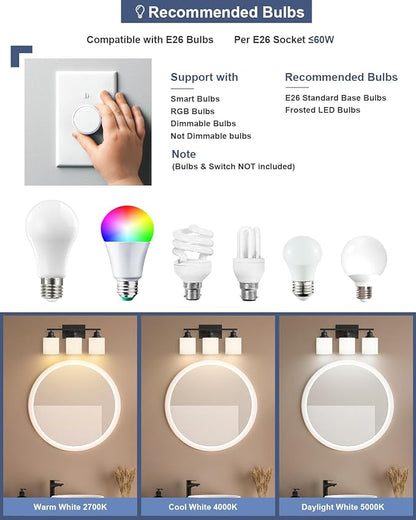 Sailstar 3-Light Bathroom Vanity Light, Anti-Rust Matte Black Bathroom Light Fixtures Over Mirror, Modern Bathroom Lights Wall Mount with Milky White Glass Shades, E26 Base Vanity Lighting