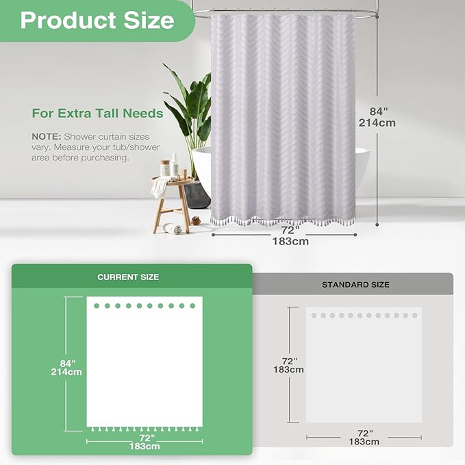 Dynamene Extra Long Shower Curtains, 84 Inch Long Boho Tufted Chevron Striped Fabric Shower Curtains for Bathroom, Tall Minimalist Chic Waterproof Cloth Shower Curtain Set with Hook, Lavender, 72x84