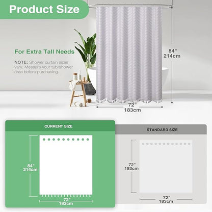 Dynamene Extra Long Shower Curtains, 84 Inch Long Boho Tufted Chevron Striped Fabric Shower Curtains for Bathroom, Tall Minimalist Chic Waterproof Cloth Shower Curtain Set with Hook, Lavender, 72x84
