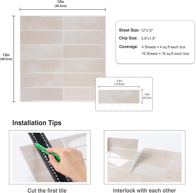 CRE8TIVE 16 Sheets Straight Linear Peel and Stick Tile Backsplash Stick on Wall Tile Beige Rectangular Kitchen Backsplash Tiles Waterproof Renter Friendly Back Splash for Living Room Fireplace 12"x12"