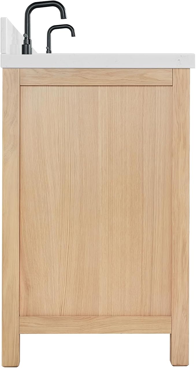 ARIEL Cambridge 72-inch Bathroom Vanity with Sink,Solid Wood, 1.5-inch Carrara White Quartz Countertop, Double Rectangular Porcelain Sink, 4 Soft Closing Doors, 6 Dovetail Drawers, White Oak