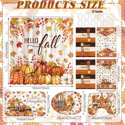 FuWeave 8 Pcs Fall Shower Curtain Set, Farmhouse Pumpkin Maple Leaf Bathroom Decor, Non-Slip Bath Rug, U Mat, Toilet Lid Cover, Hand Towels & 12 Hooks, Autumn Thanksgiving Harvest Home Decor