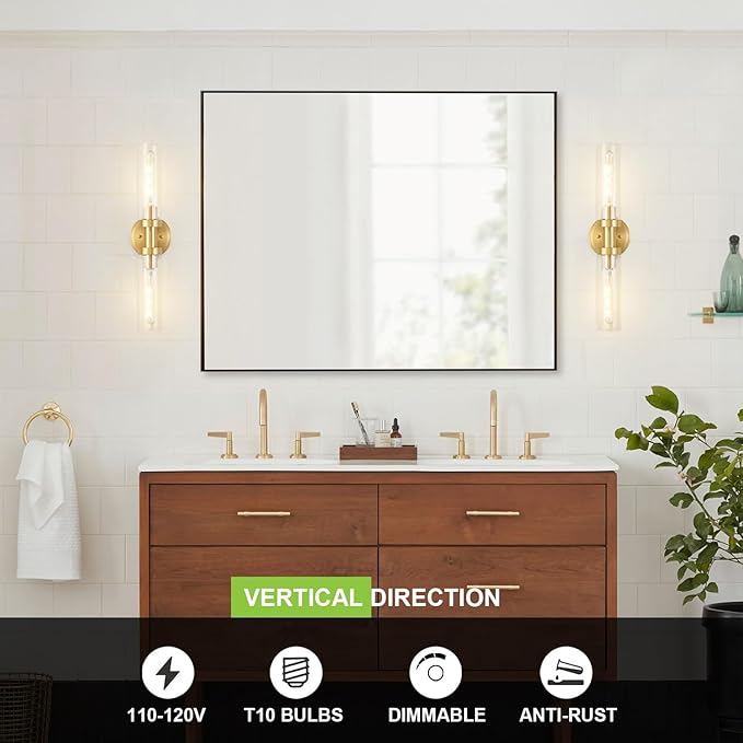 Hardwired Wall Sconces Set of 2, Brushed Gold Bathroom Wall Sconces Vanity Light Fixture with Clear Glass, Modern Farmhouse Wall Lights for Bathroom Mirror Living Room Hallway Kitchen