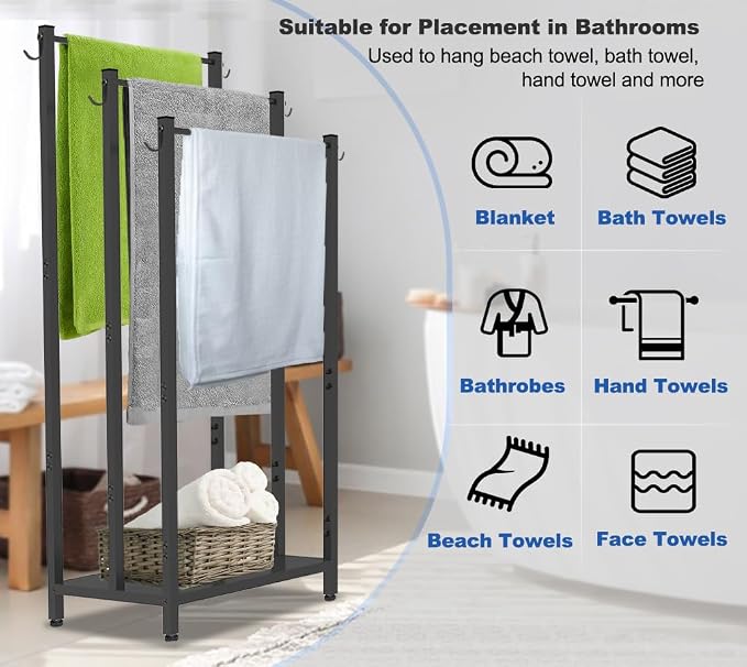 44 Inch Tall Free Standing Towel Rack, Black | 3 Tiers Heavy Duty Blanket Drying Stand Holder with Metal Storage Shelf & 6 Hooks for Bathroom, Pool, Bedroom, Living Room