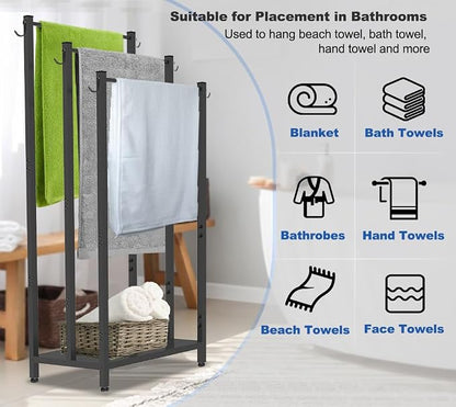 44 Inch Tall Free Standing Towel Rack, Black | 3 Tiers Heavy Duty Blanket Drying Stand Holder with Metal Storage Shelf & 6 Hooks for Bathroom, Pool, Bedroom, Living Room