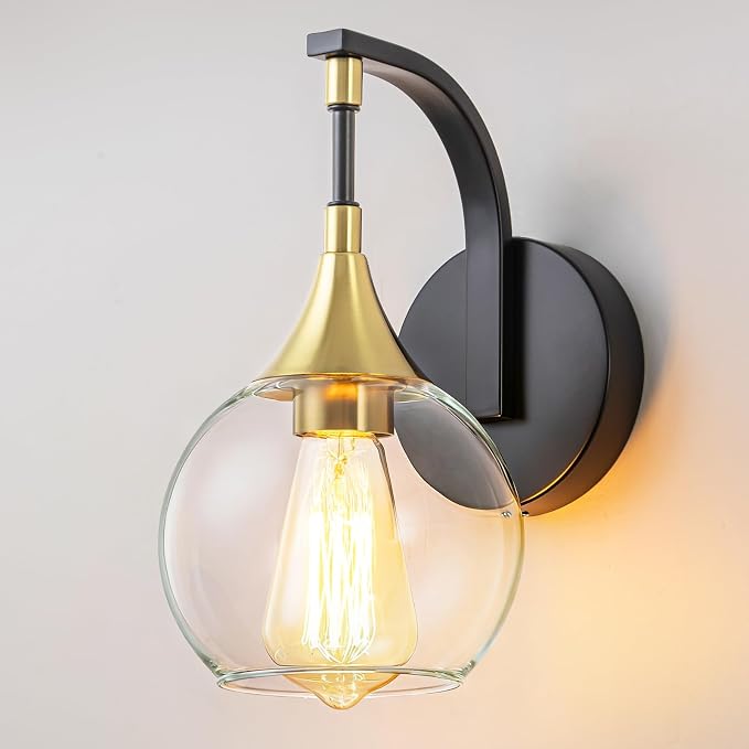 Modern Wall Sconce, 1-Light Black and Gold Bathroom Vanity Lights | with Clear Glass Shade, Globe Wall Mounted Light Fixture for Bathroom,Living Room, Hallway, Bedroom