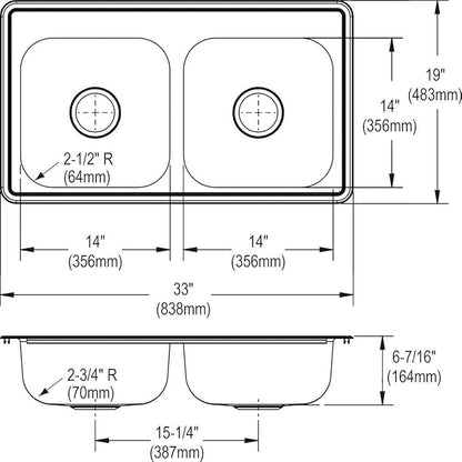 Elkay D233193 Dayton Equal Double Bowl Drop-in Stainless Steel Sink, 33 x 19 x 6.5