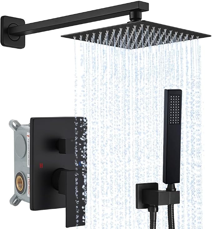 Matte Black Shower System YCAIKOI Wall Mount Shower Faucet Set for Bathroom 10 Inch High Pressure Luxury Shower Head with Handheld, Rough-in Valve Body and Trim Included