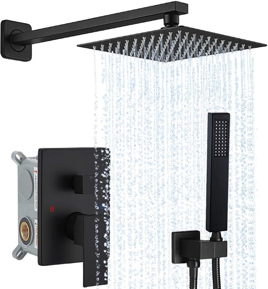 Matte Black Shower System YCAIKOI Wall Mount Shower Faucet Set for Bathroom 10 Inch High Pressure Luxury Shower Head with Handheld, Rough-in Valve Body and Trim Included