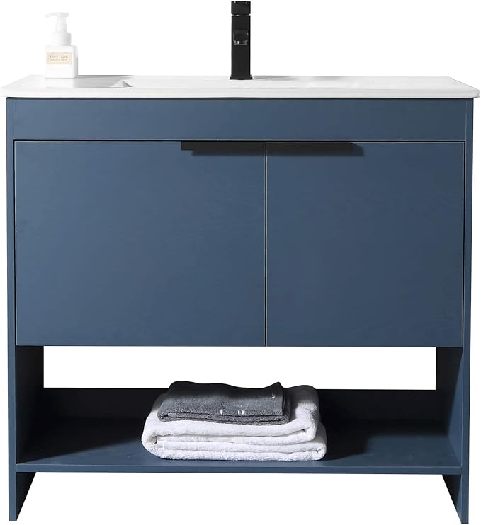 Phoenix 36 Inch Bathroom Vanity with Sink – Modern Design, Soft-Close Doors, Storage Drawers, Durable Build – Navy Blue Vanity for Small Bathrooms (Full Assembly Required)