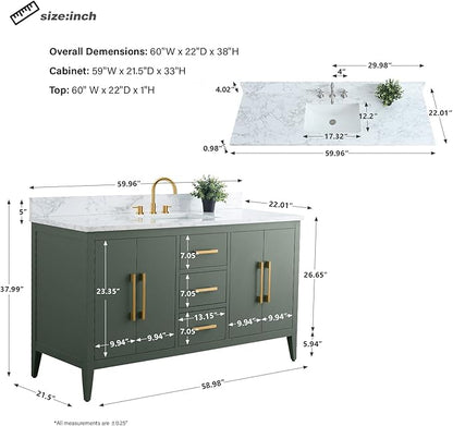 HomeBeyond 60 Inch Bathroom Vanity with Sink & Ceramic Top, Single Vanity Cabinet with Basin, Soft-Closing Doors & Matte Black Hardware, Vintage Green