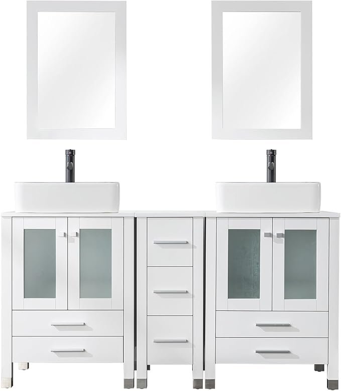 LUCKWIND 60" Double 24" Bathroom Vanity with Sink Combo, Elegant Series with One 12.6-in Side Cabinet, Painted Frame, Including Black Line Rectangle Sinks, Faucets Without Mirrors, White