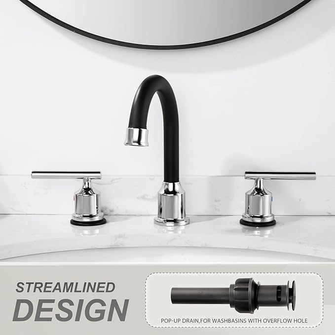 WOWOW Widespread Bathroom Sink Faucet 3 Hole Bathroom Faucet 8 Inch Lavatory Mixer Taps with Drain and Water Supply Lines, 3 Pieces Vanity Tap 2 Handle, Matte Black and Polished Chrome