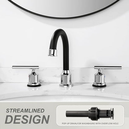 WOWOW Widespread Bathroom Sink Faucet 3 Hole Bathroom Faucet 8 Inch Lavatory Mixer Taps with Drain and Water Supply Lines, 3 Pieces Vanity Tap 2 Handle, Matte Black and Polished Chrome