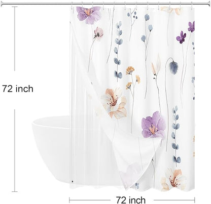 3 in 1 Shower Curtain Set, Purple Watercolor Floral Bath Curtain and PEVA Liner Set with 12 Double Sided Steel Hooks, Waterproof Fabric Bathroom Curtain 72x72