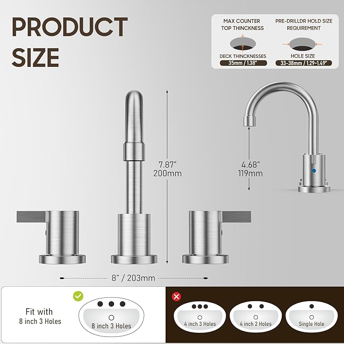 Phiestina 3 Hole 8 Inch 2 Handle Widespread Bathroom Faucet with Metal Pop-Up Drain, Brushed Nickel, WF015-1-BN