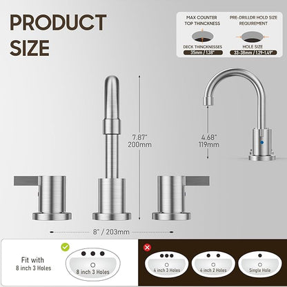 Phiestina 3 Hole 8 Inch 2 Handle Widespread Bathroom Faucet with Metal Pop-Up Drain, Brushed Nickel, WF015-1-BN
