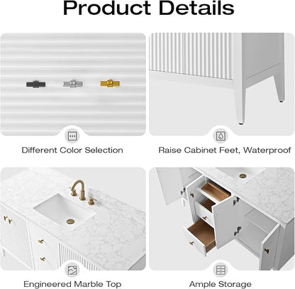 Vanity Art 60 inch Bathroom Vanity with Single Sink & Ceramic Top, Vanity Cabinet with Soft-Closing Door, Solid Wood Frame, Linear Pattern, White, VA9160-SW-MB,Matte Black Handles