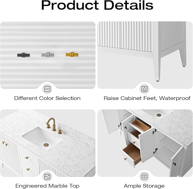 Vanity Art 60 inch Bathroom Vanity with Single Sink & Ceramic Top, Vanity Cabinet with Soft-Closing Door, Solid Wood Frame, Linear Pattern, White, Golden Brushed Handware VA9160-SW-GB