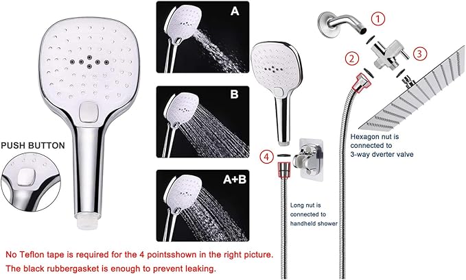 NearMoon Shower Head with Hose, High Pressure Stainless Steel Rain Shower and 3 Settings Handheld Spray Combo with Push Button Flow Control (8 Inch, Chrome Finish)