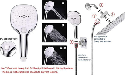 NearMoon Shower Head with Hose, High Pressure Stainless Steel Rain Shower and 3 Settings Handheld Spray Combo with Push Button Flow Control (8 Inch, Chrome Finish)