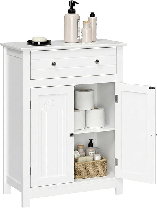 SONGMICS VASAGLE Free Standing Bathroom Cabinet with Drawer and Adjustable Shelf, Kitchen Cupboard, Wooden Entryway Storage Cabinet White, 23.6" L x 11.8" W x 31.5" H, UBBC61WT