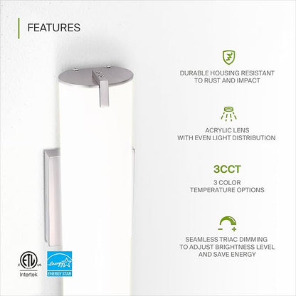 ASD LED 18" Vanity Wall Mount Light Fixture, Linear Bathroom Lighting Bar | 3CCT, Dimmable, Energy Star, ETL Listed | 20W 1500LM 3000-5000K 120V | Long Tube Bath Sconce Over Mirror | Nickel