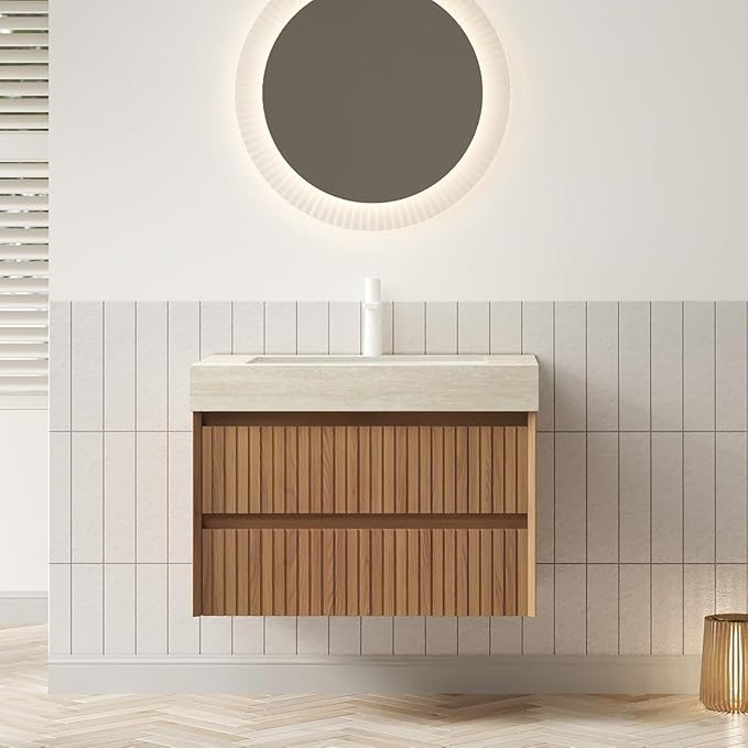 30'' Floating Bathroom Vanity with Sink, Wall Mounted Modern Cabinet W/Travertine-Pattern Sintered Top, Plywood & Solid Wood, Pre-Assembled with Undermount Ceramic Basin, Espresso Woodgrain