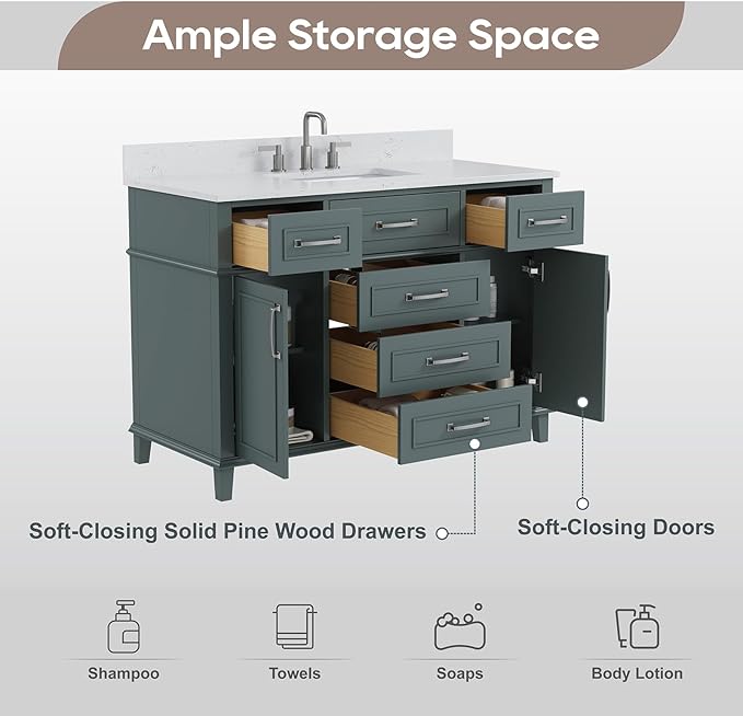48 Inch Bathroom Vanity with Sink, Modern Bathroom Vanity with Engineered Stone Countertop, Solid Wood Frame Bathroom Storage Cabinet with Soft Closing Door & Dovetail Drawer, Green