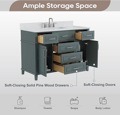 48 Inch Bathroom Vanity with Sink, Modern Bathroom Vanity with Engineered Stone Countertop, Solid Wood Frame Bathroom Storage Cabinet with Soft Closing Door & Dovetail Drawer, Green
