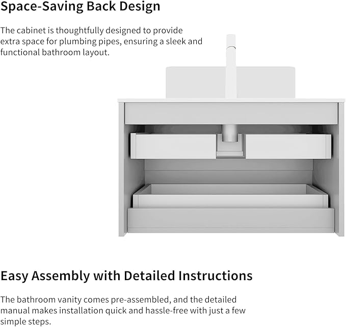 Yayzy 36" Floating Bathroom Vanity with Sink, Solid Wood Fluted Cabinet, White Marble-Patterned Ceramic Basin & Faux Marble Top, Soft-Close Drawer, Pre-Assembled, White