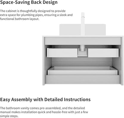 Yayzy 30" Floating Bathroom Vanity with Sink, Solid Wood Fluted Cabinet, White Marble-Patterned Ceramic Basin & Faux Marble Top, Soft-Close Drawer, Pre-Assembled, White