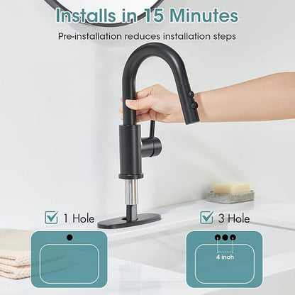 Black kitchen faucet being installed with text indicating quick installation time and sink hole requirements.