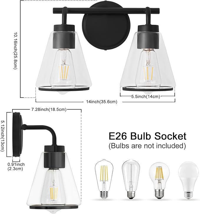 Black Bathroom Vanity Light 2 Lights Bathroom Light Fixtures Over Mirror | Vanity Lighting Fixtures with Clear Glass Shade, 14 inch Modern Vanity Lights for Bathroom, Wall Sconce Lights for Bedroom
