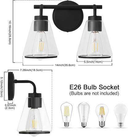 Black Bathroom Vanity Light 2 Lights Bathroom Light Fixtures Over Mirror | Vanity Lighting Fixtures with Clear Glass Shade, 14 inch Modern Vanity Lights for Bathroom, Wall Sconce Lights for Bedroom