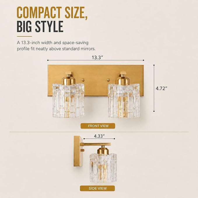 Brushed Gold Crystal Bathroom Vanity Light,2 Lights Modern Bathroom Wall Light,Over Mirror Light Fixtures for Living Room, Bedroom, Hallway