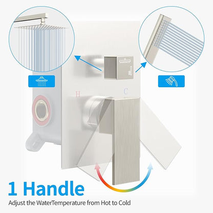 Rain Shower System Sets Faucet: EMBATHER 10 Inch Overhead Rainhead Shower Combo Set With Handheld And Valve-Luxury Modern Mixer Rainfall Brushed Nickel Shower Faucets Sets Complete