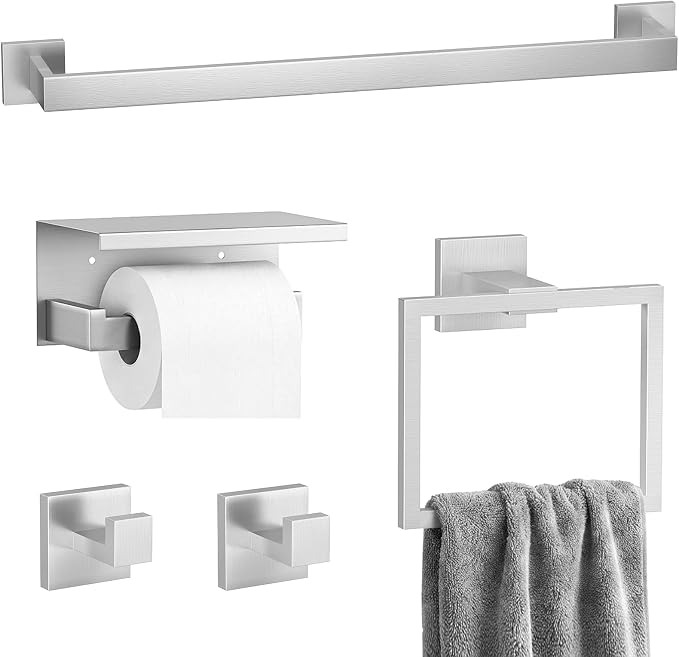 5-Piece Bathroom Hardware Set, 23.6 Inch Towel Bar Set SUS304 Stainless Steel Towel Racks for Bathroom Round Towel Bar, Towel Ring, Toilet Paper Holder, 2 Robe Hooks, Wall Mounted (Brushed Nickel)