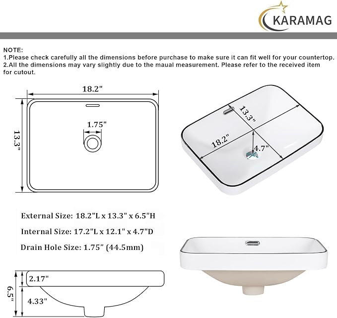 Bathroom Vessel Sink 18.2'' x 13.3'' Semi Recessed Bathroom Sink Rectangular Drop-in Vanity Sink with Overflow White with Black Rim Ceramic Modern Art Basin