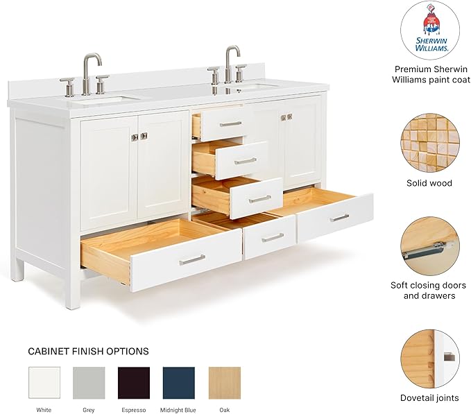 DKB Beckford 72 Inch Bathroom Vanity Double Sink — White Bathroom Vanity with Sink, 1.5" Edge Pure White Quartz Countertop & Backsplash, 4 Soft-Close Doors, 6 Dovetail Drawers