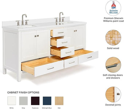 DKB Beckford 72 Inch Bathroom Vanity Double Sink — White Bathroom Vanity with Sink, 1.5" Edge Pure White Quartz Countertop & Backsplash, 4 Soft-Close Doors, 6 Dovetail Drawers