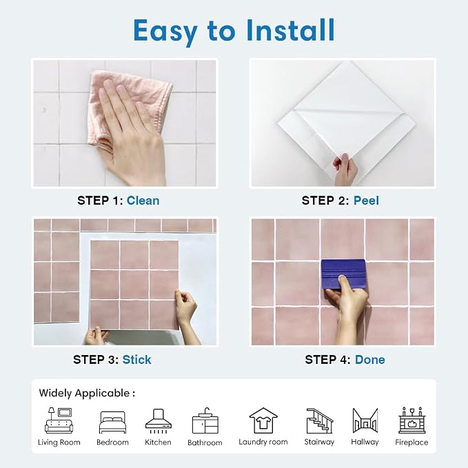 Thicker 3D Peel and Stick Backsplash Tiles, 10 Pcs 12" x 12" | Pink, Glossy Self Adhesive Backsplash Wall Sticker for Renter Friendly Bathroom DIY Wall Makeover, Cover 10 sq ft，Removable