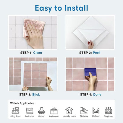 Thicker 3D Peel and Stick Backsplash Tiles, 10 Pcs 12" x 12" | Pink, Glossy Self Adhesive Backsplash Wall Sticker for Renter Friendly Bathroom DIY Wall Makeover, Cover 10 sq ft，Removable