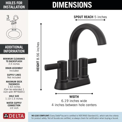 Delta Albion Centerset Matte Black Bathroom Faucet, 4 Inch 3 Hole Bathroom Sink Faucet for Vanity, Metal Push-Pop Drain Assembly, Matte Black 25855LF-BL