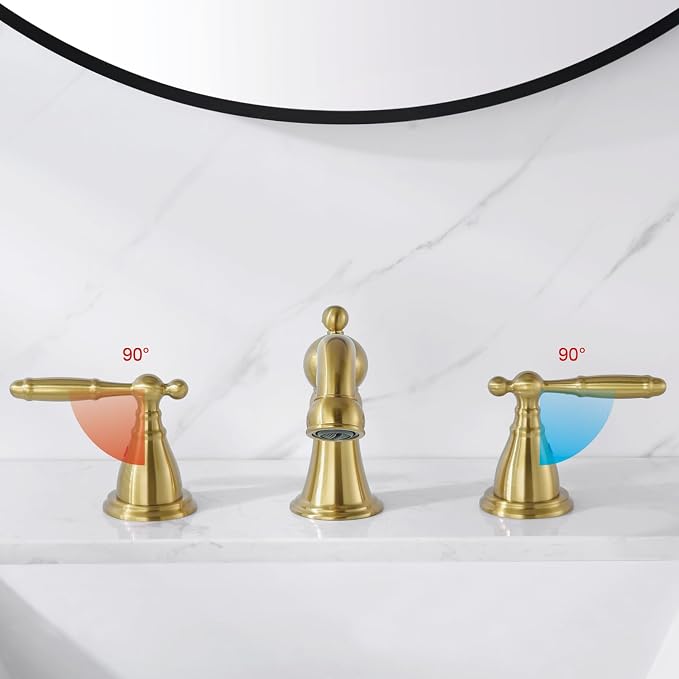 RKF Bathroom Faucets for Sink 3 Hole Gold 8 inch Widespread Bathroom Sink Faucet with Drain Double Lever Handle Faucet Bathroom Vanity Faucet Basin Mixer Tap WF013-BG