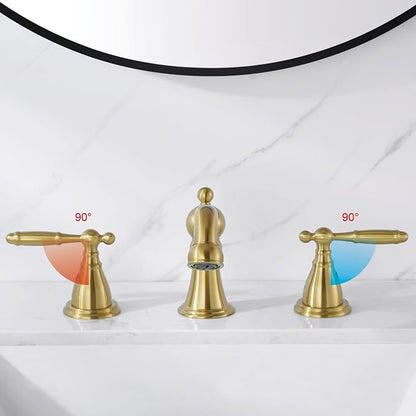 RKF Bathroom Faucets for Sink 3 Hole Gold 8 inch Widespread Bathroom Sink Faucet with Drain Double Lever Handle Faucet Bathroom Vanity Faucet Basin Mixer Tap WF013-BG