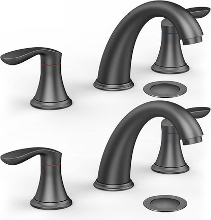 Bathroom Sink Faucet, Faucet for Bathroom Sink, Widespread Matte Black Bathroom Faucet 3 Hole with Stainless Steel Pop Up Drain and cUPC Lead-Free Hose - (Matte Black 2 Packs)
